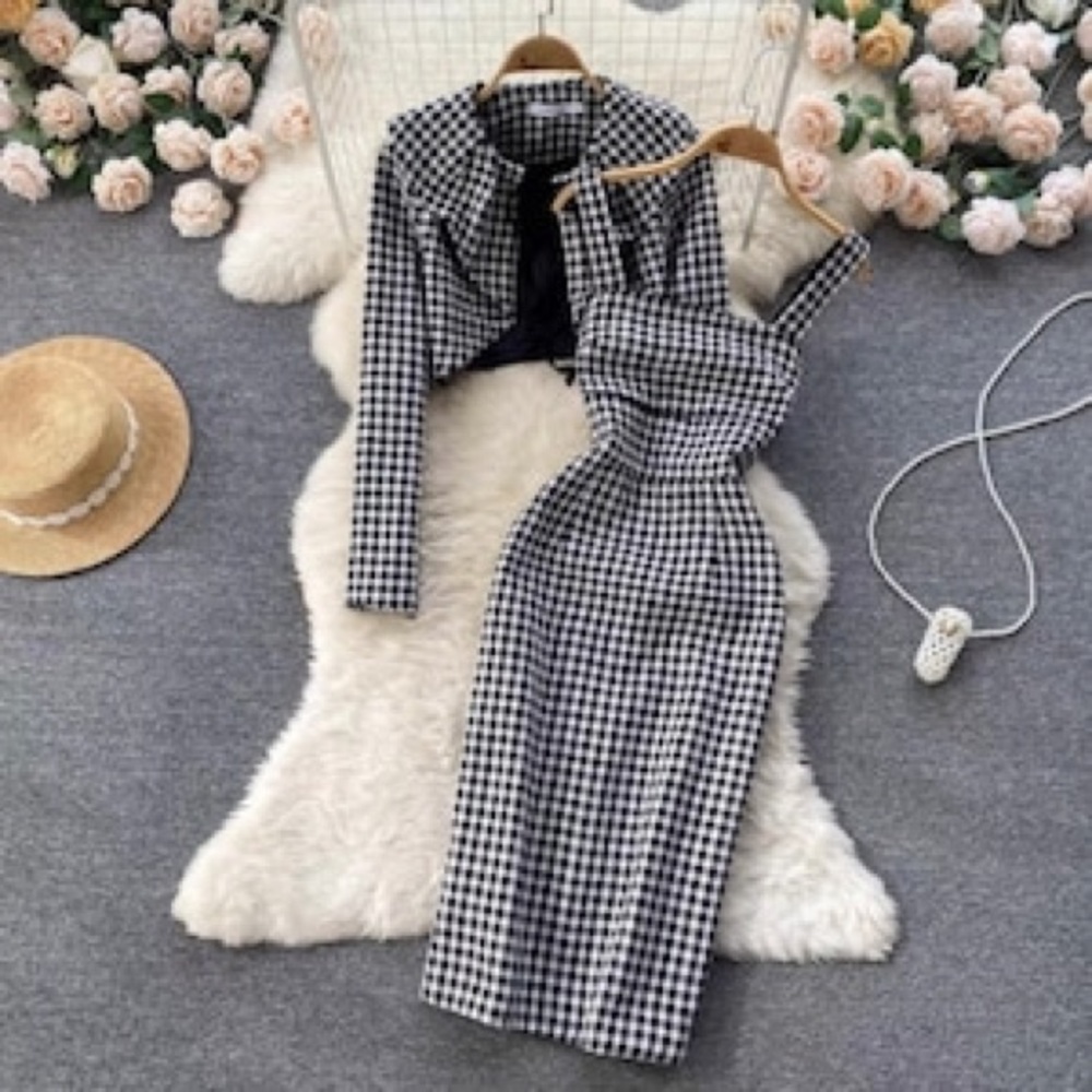 Black and White Tweed Cottage Core Pencil Dress